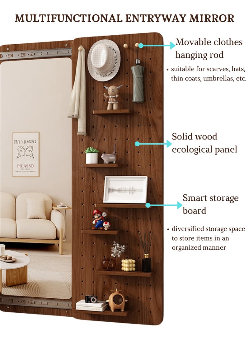GoldenLike - Wall Full Length Mirror, Hidden Sliding Mirror Wood Wall Mounted Mirror Body Wall Mirror with Wood Pegboard and Shelf Wooden Organizer for Entryway, Living Room, Bedroom, 40*120cm - Image 1