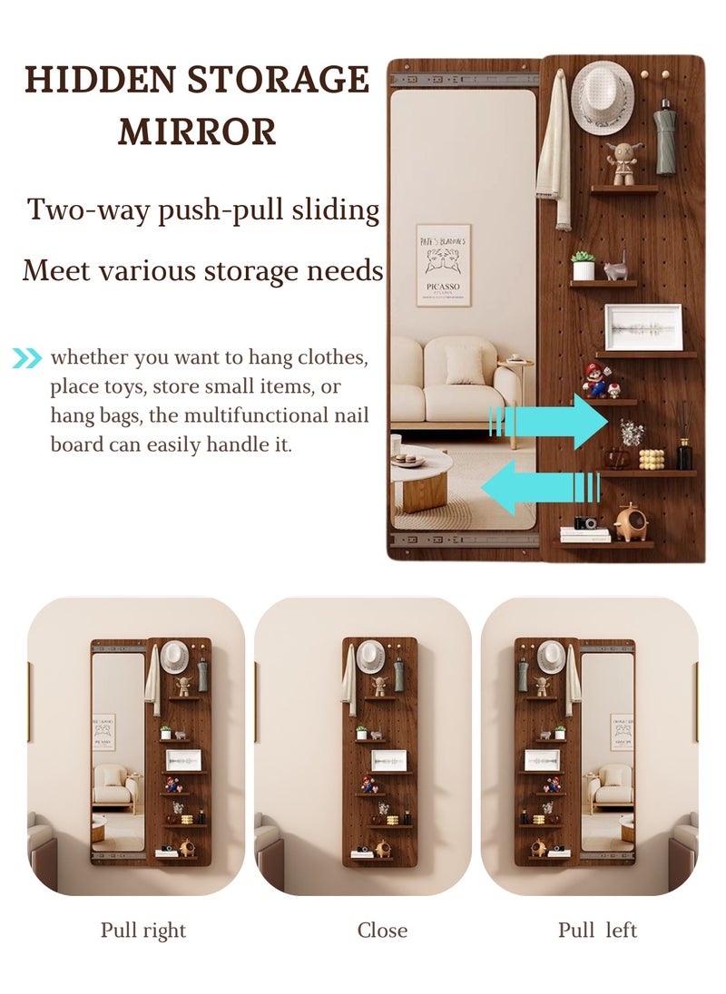 GoldenLike - Wall Full Length Mirror, Hidden Sliding Mirror Wood Wall Mounted Mirror Body Wall Mirror with Wood Pegboard and Shelf Wooden Organizer for Entryway, Living Room, Bedroom, 40*120cm - Image 1