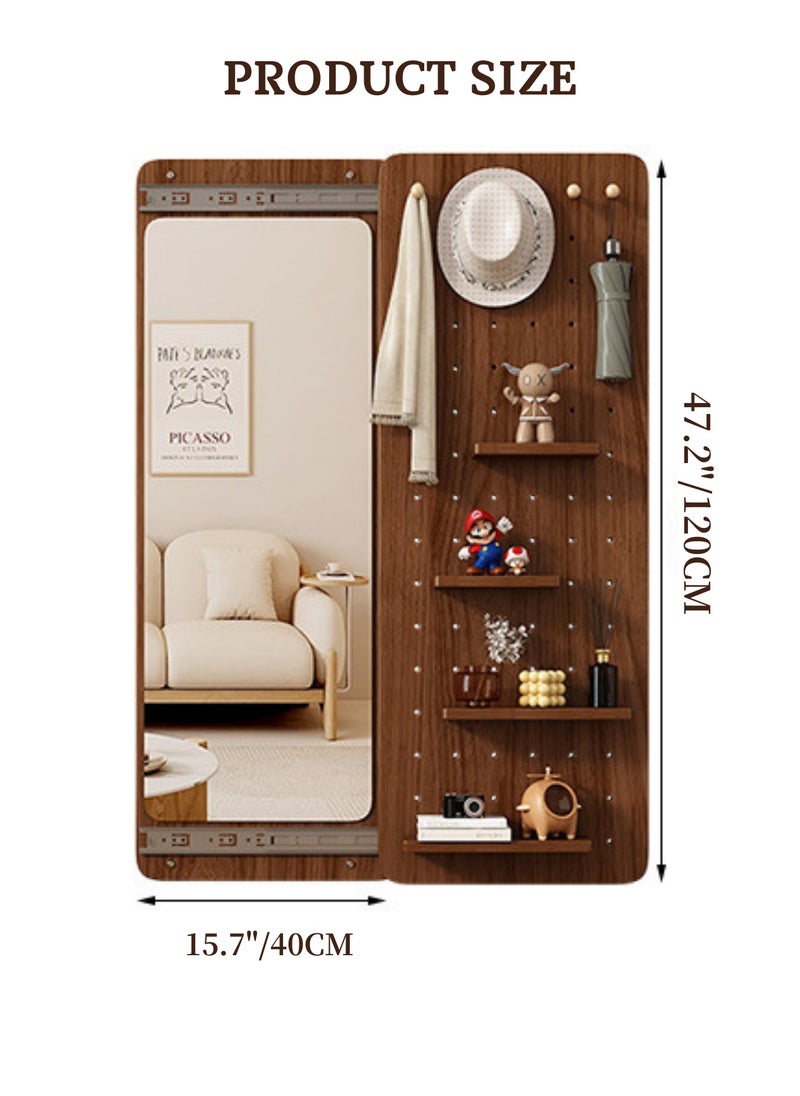 GoldenLike - Wall Full Length Mirror, Hidden Sliding Mirror Wood Wall Mounted Mirror Body Wall Mirror with Wood Pegboard and Shelf Wooden Organizer for Entryway, Living Room, Bedroom, 40*120cm - Image 1