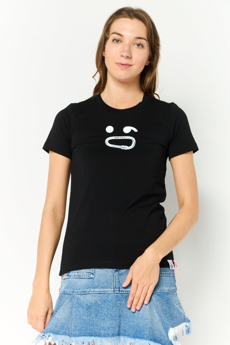 DIESEL تي شيرت نسائي بأكمام قصيرة وياقة دائرية بطباعة جرافيك، أسود - Image 1