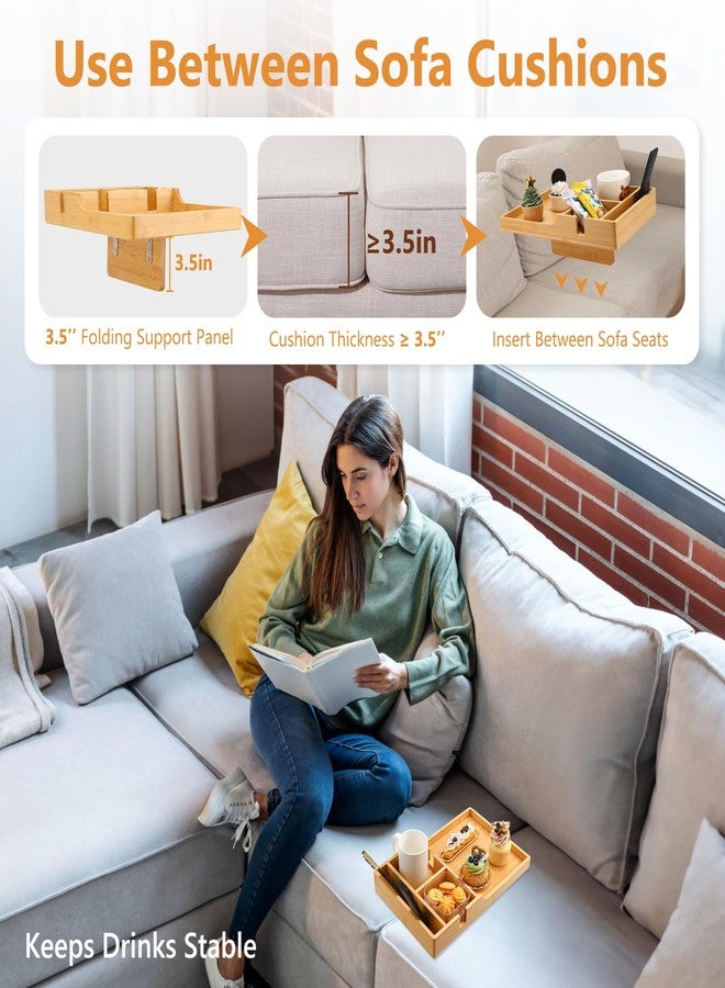 Acanacle Couch Tray Insert for Middle Seat, Bamboo Couch Table with 2 Cup Holders, Fits Armless Sofa & Sectionals, Fold-Flat Tray for Drinks, Snacks & Remotes, Natural Bamboo - Image 3