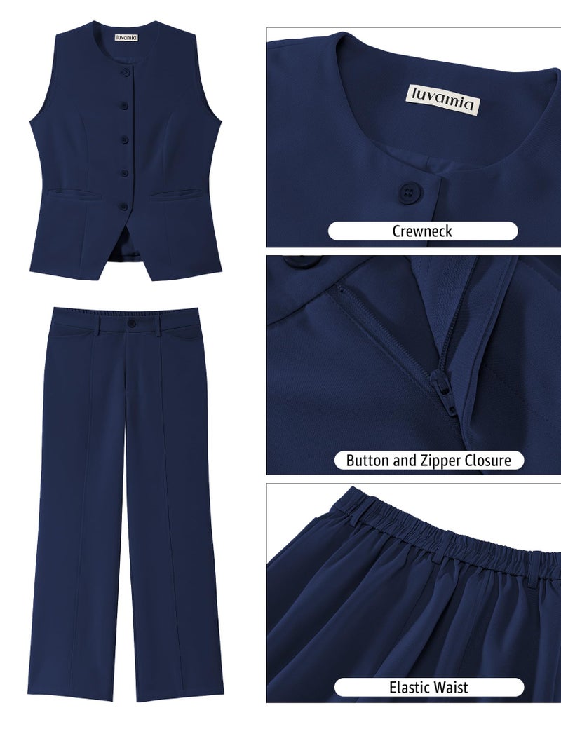 luvamia Casual Sets for Women 2 Piece Sleeveless Blazer Vest Outfits Navy Blue Two Piece Set for Women Navy Blue Large Fits Size 12 / Size 14 - Image 5