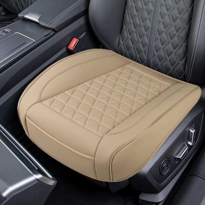 UHANBUT Luxury Faux Leather Car Seat Cover, Anti-Slip Waterproof Universal Front Bottom Seat Protector with Storage Pocket, Triangular Pattern Vehicle Seats Cushion for Sedans, SUVs, Trucks (Beige) - Image 1