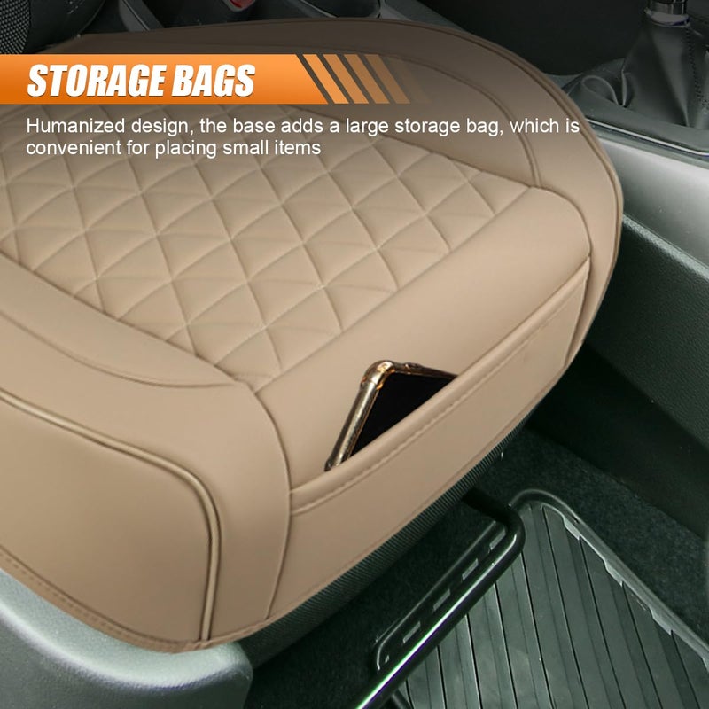 UHANBUT Luxury Faux Leather Car Seat Cover, Anti-Slip Waterproof Universal Front Bottom Seat Protector with Storage Pocket, Triangular Pattern Vehicle Seats Cushion for Sedans, SUVs, Trucks (Beige) - Image 4