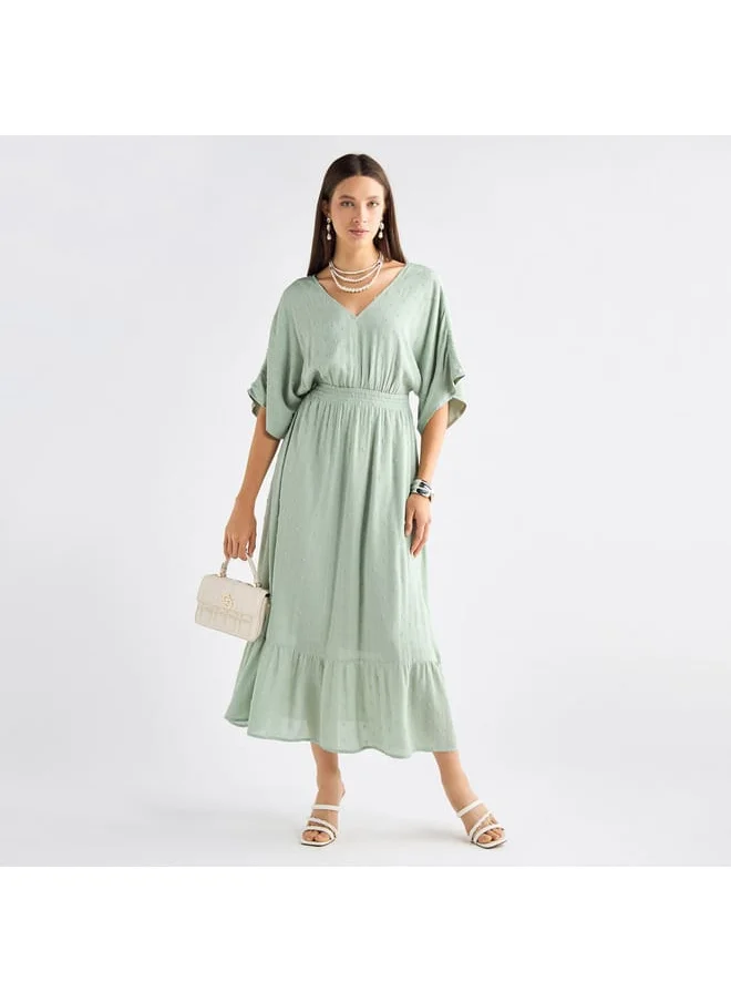 FAV Textured V-neck Dress with Extended Sleeves and Flounce Hem