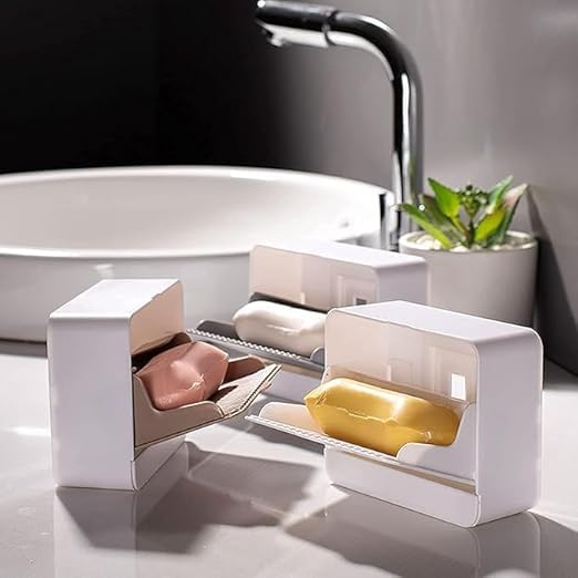 SHOPLUV See Ever Premium Plastic Creative Wall Mounted Double Bar Bathroom Soap Box Holder Soap Dish with Drainage Box Soap Box with Lid Single/Double Grid Soap Draining Rack (1 Box) (Multicolor) - Image 3