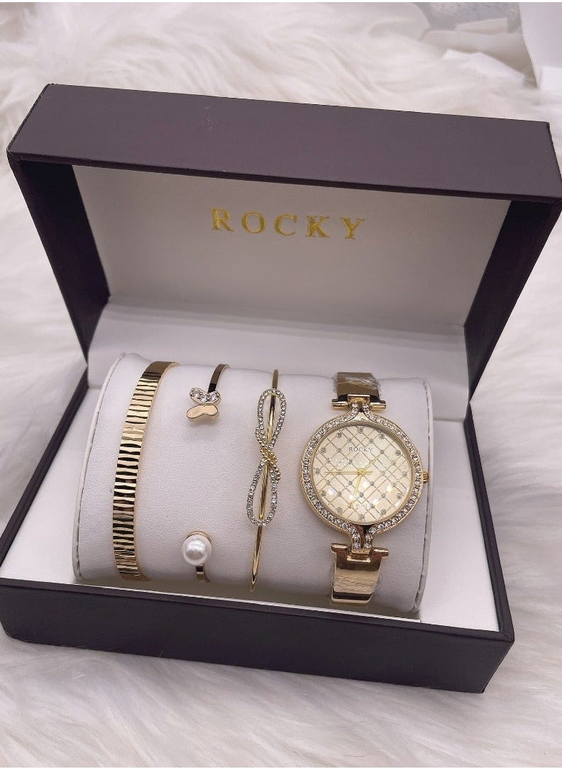 Women's gold set by Rocky brand consisting of a watch and stainless steel bracelets - pzsku/Z51E6040D521204EE262FZ/45/_/1739508850/2d8ccee4-2c01-446f-88a6-44570a8f1c4d