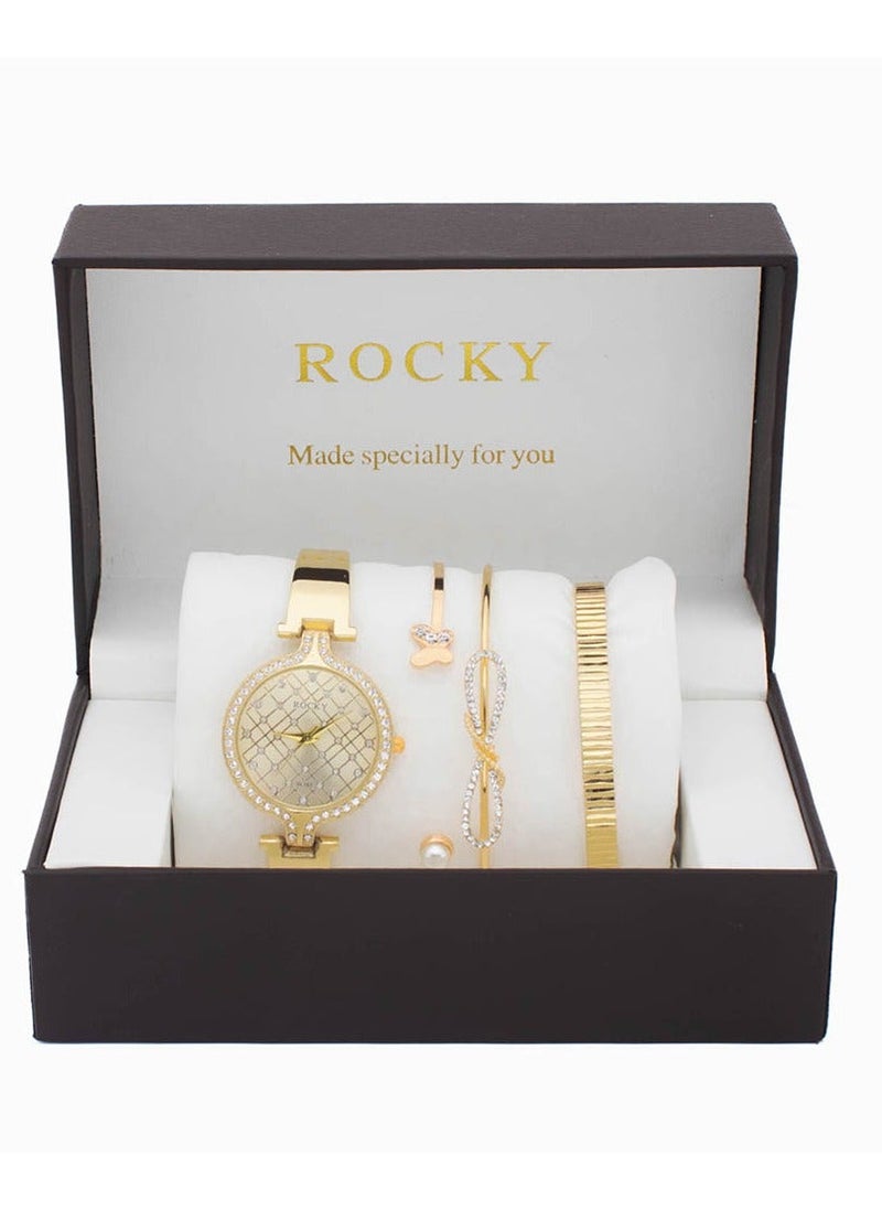 Women's gold set by Rocky brand consisting of a watch and stainless steel bracelets - pzsku/Z51E6040D521204EE262FZ/45/_/1739508851/24a5c29f-7dfa-4086-ac46-9139fbb88b8f