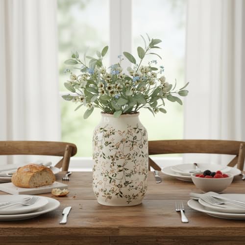 Wancetang Green Vintage Vase, Chinoiserie Floral Vases for Flowers, Rustic Farmhouse Ceramic Vase for Home Decor, Living Room, Shelf, Office, Vintage Room Decor, 9 inch, White and Green - Image 4
