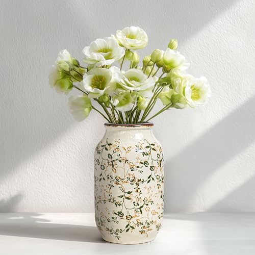 Wancetang Green Vintage Vase, Chinoiserie Floral Vases for Flowers, Rustic Farmhouse Ceramic Vase for Home Decor, Living Room, Shelf, Office, Vintage Room Decor, 9 inch, White and Green - Image 1