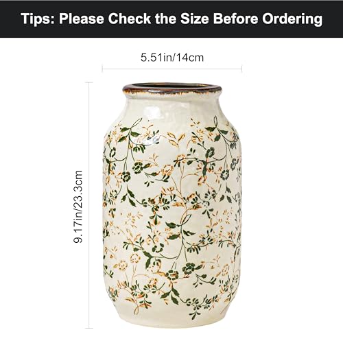 Wancetang Green Vintage Vase, Chinoiserie Floral Vases for Flowers, Rustic Farmhouse Ceramic Vase for Home Decor, Living Room, Shelf, Office, Vintage Room Decor, 9 inch, White and Green - Image 2