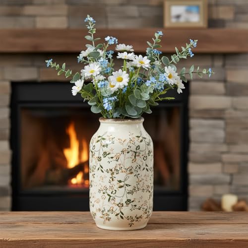 Wancetang Green Vintage Vase, Chinoiserie Floral Vases for Flowers, Rustic Farmhouse Ceramic Vase for Home Decor, Living Room, Shelf, Office, Vintage Room Decor, 9 inch, White and Green - Image 5