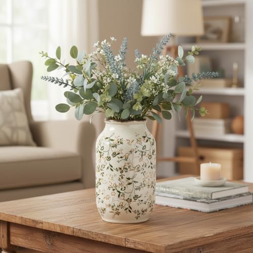 Wancetang Green Vintage Vase, Chinoiserie Floral Vases for Flowers, Rustic Farmhouse Ceramic Vase for Home Decor, Living Room, Shelf, Office, Vintage Room Decor, 9 inch, White and Green - Image 3