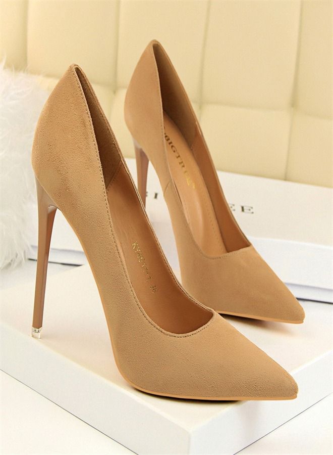 BIGTREE Shallow Pointed Suede High Heels 10.5CM Beige