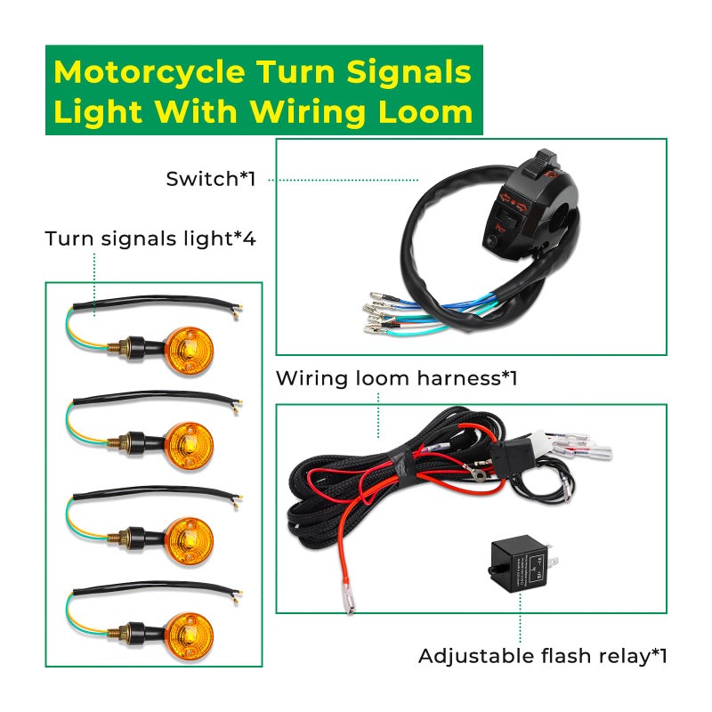 Alpha Rider Motorcycle Turn Signals Light with Wiring Loom Harness Kit Indicator Wiring Loom Harness Kit Relay Universal Switch Turn Signal Light Horn Flash Kit - Image 4