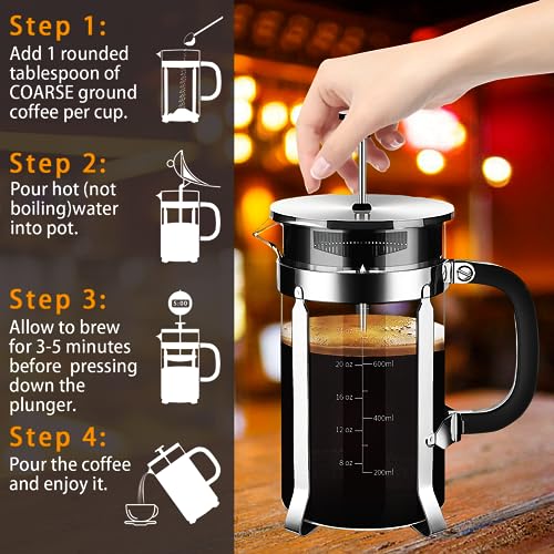 YMMIND French Press Coffee Maker 304 Stainless Steel Coffee Press,with 4 Filters System, Heat Resistant Thickness Borosilicate French Press Glass, BPA-Free Brewed Tea Pot Coffee Plunger - Image 4