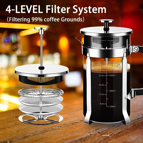 YMMIND French Press Coffee Maker 304 Stainless Steel Coffee Press,with 4 Filters System, Heat Resistant Thickness Borosilicate French Press Glass, BPA-Free Brewed Tea Pot Coffee Plunger - Image 3