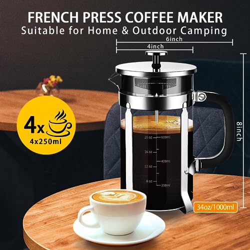 YMMIND French Press Coffee Maker 304 Stainless Steel Coffee Press,with 4 Filters System, Heat Resistant Thickness Borosilicate French Press Glass, BPA-Free Brewed Tea Pot Coffee Plunger - Image 5