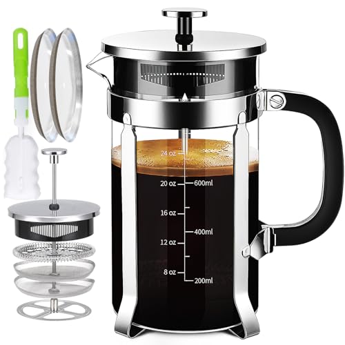 YMMIND French Press Coffee Maker 304 Stainless Steel Coffee Press,with 4 Filters System, Heat Resistant Thickness Borosilicate French Press Glass, BPA-Free Brewed Tea Pot Coffee Plunger - Image 1