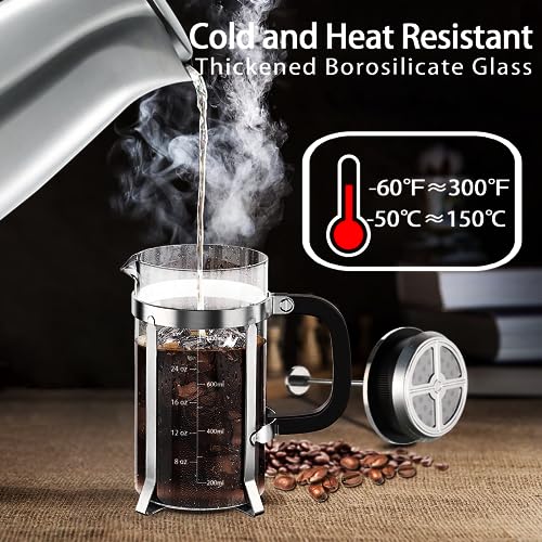 YMMIND French Press Coffee Maker 304 Stainless Steel Coffee Press,with 4 Filters System, Heat Resistant Thickness Borosilicate French Press Glass, BPA-Free Brewed Tea Pot Coffee Plunger - Image 2