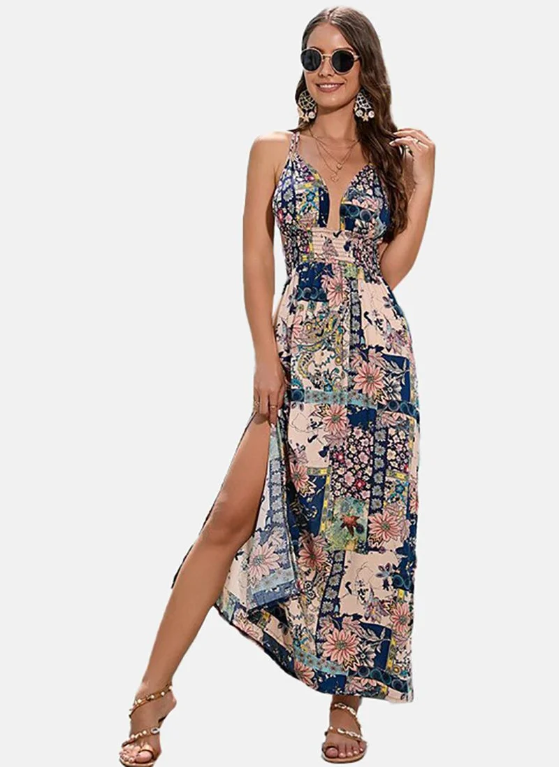 YUNIQEE Navy Blue Floral Printed Cotton Maxi Dress