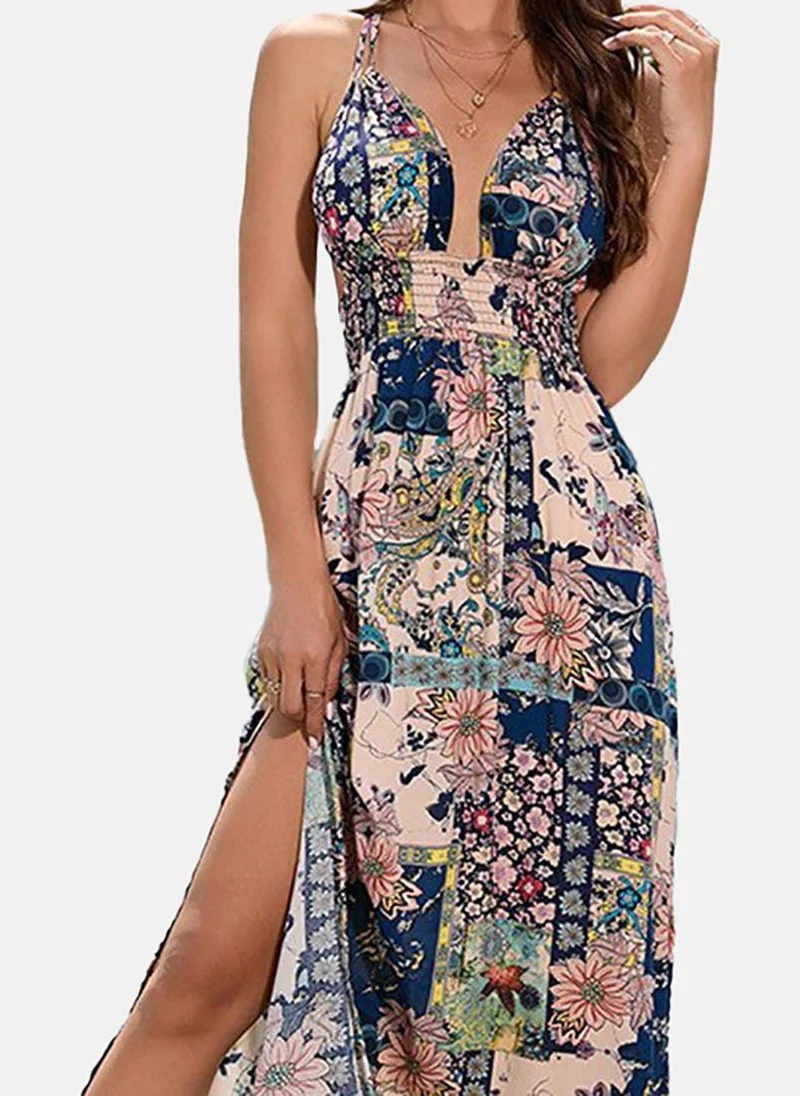 YUNIQEE Navy Blue Floral Printed Cotton Maxi Dress