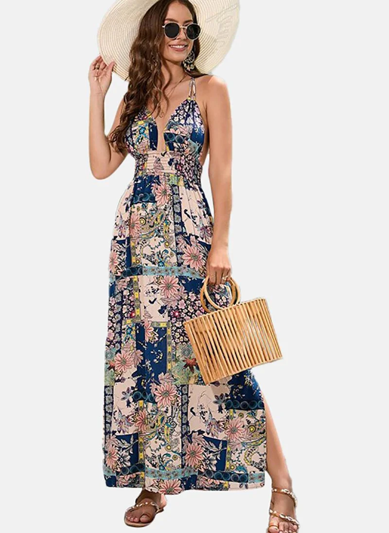يونيكي Navy Blue Floral Printed Cotton Maxi Dress