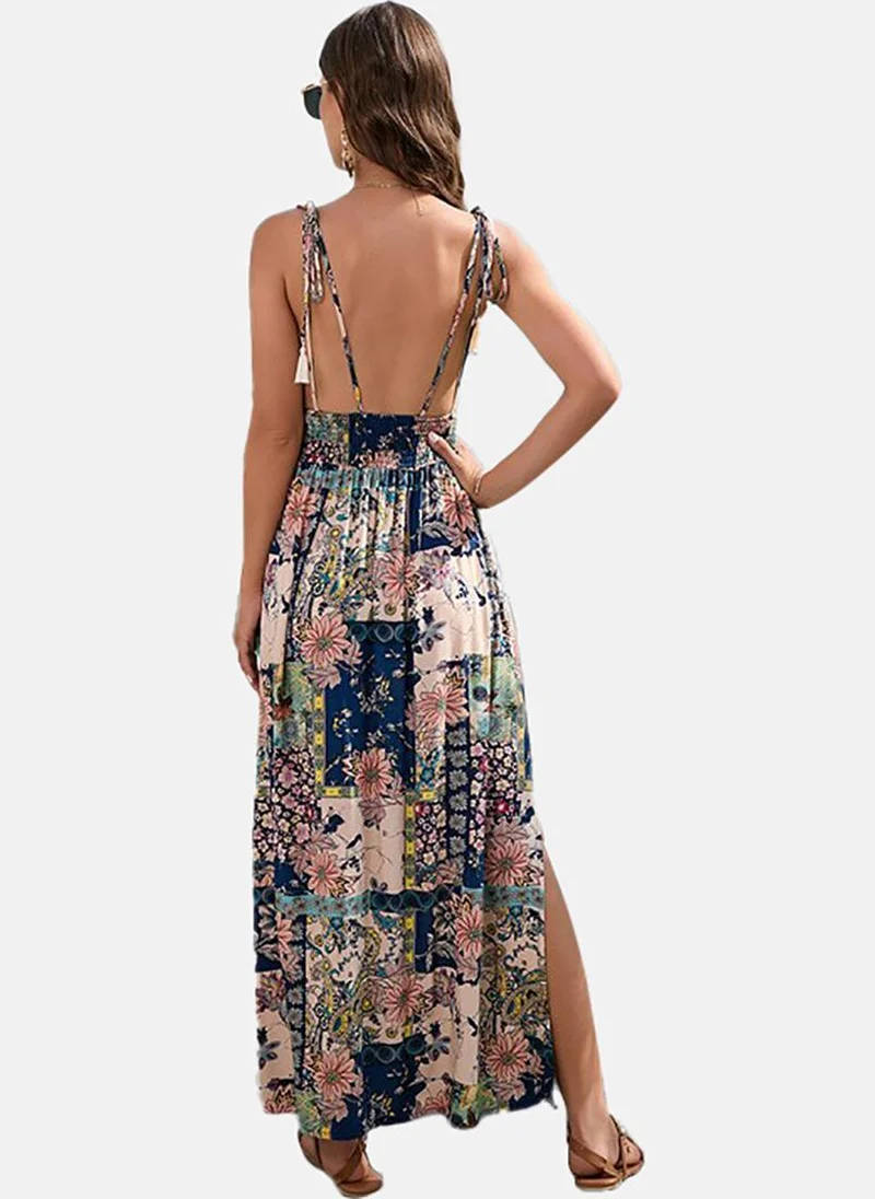 يونيكي Navy Blue Floral Printed Cotton Maxi Dress