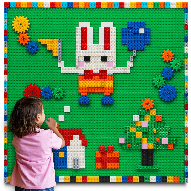 MIMAX Customize Building Block Wall 470 PCS Activity Wall Mount Toys Bricks with Self Adhesive Baseplate 9PCS 10x10 for All Major Brands Art Build On Table Wall Green - Image 3