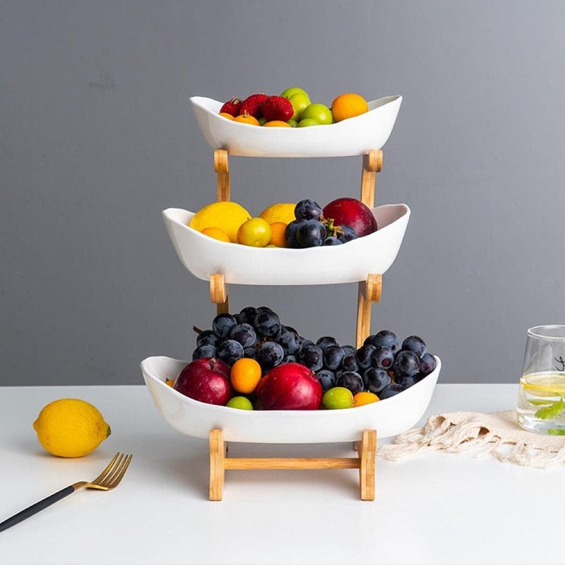 XUDREZ 3 Tier Fruit Basket for Kitchen Counter 118613 Ceramic Fruit Bowl for Kitchen Counter Large Capacity Fruit Bowl Set with Holder Bamboo Fruit Serving Tray Porcelain - Image 5