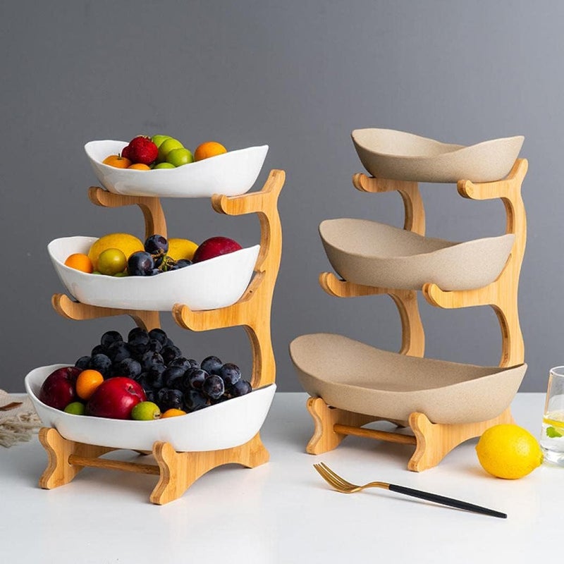 XUDREZ 3 Tier Fruit Basket for Kitchen Counter 118613 Ceramic Fruit Bowl for Kitchen Counter Large Capacity Fruit Bowl Set with Holder Bamboo Fruit Serving Tray Porcelain - Image 2