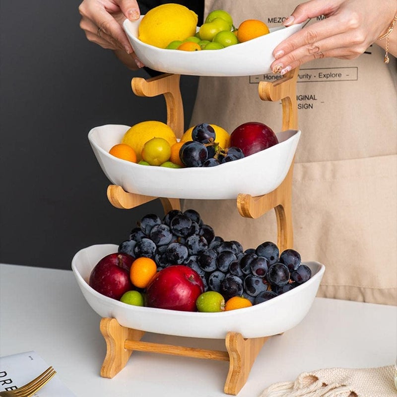 XUDREZ 3 Tier Fruit Basket for Kitchen Counter 118613 Ceramic Fruit Bowl for Kitchen Counter Large Capacity Fruit Bowl Set with Holder Bamboo Fruit Serving Tray Porcelain - Image 3