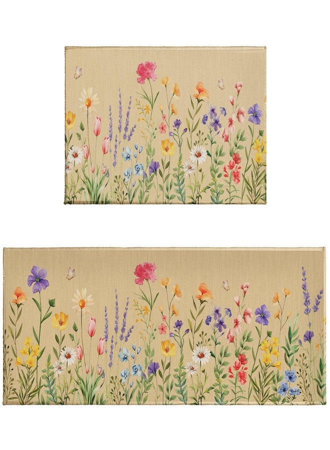 Aytipun Floral Kitchen Mats for Floor Set of 2,Spring Summer Watercolor Colorful Wildflower Kitchen Rugs,Non Slip Washable Absorbent Kitchen Runner Rugs,17x30 and 17x47 Inch - Image 1