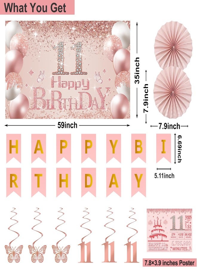 Juesly 11th Birthday Decorations for Girls,32PCS 11th Birthday Party Decorations,Including Backdrop, Crown, Sash, banner, Hanging Swirl,Cake Topper,balloons, Anniversary Card and Paper Fans - Image 2