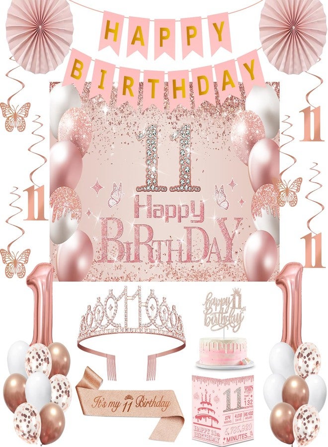 Juesly 11th Birthday Decorations for Girls,32PCS 11th Birthday Party Decorations,Including Backdrop, Crown, Sash, banner, Hanging Swirl,Cake Topper,balloons, Anniversary Card and Paper Fans - Image 1