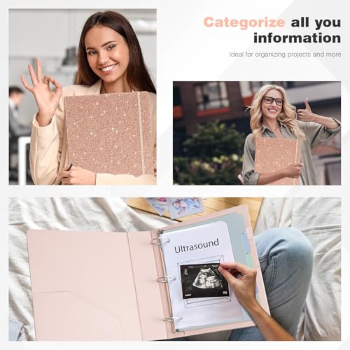 Ospelelf Vintage Hardcover 3 Ring 2 inch Leather Binder, Professional Binders Organizer Suitable for Letter Size Documents, Binder Dividers with Tabs, Faux Glitter Pink Leather - Image 5