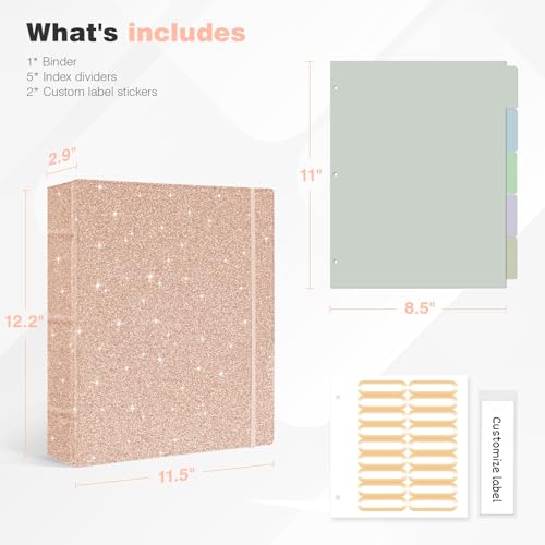 Ospelelf Vintage Hardcover 3 Ring 2 inch Leather Binder, Professional Binders Organizer Suitable for Letter Size Documents, Binder Dividers with Tabs, Faux Glitter Pink Leather - Image 4