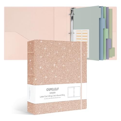 Ospelelf Vintage Hardcover 3 Ring 2 inch Leather Binder, Professional Binders Organizer Suitable for Letter Size Documents, Binder Dividers with Tabs, Faux Glitter Pink Leather - Image 1