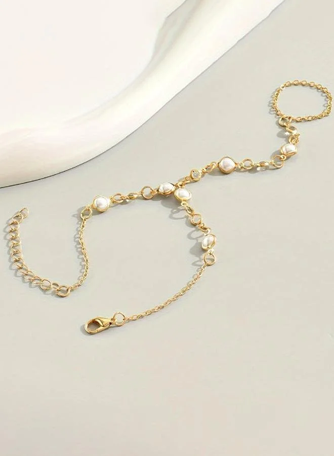 Take Two Gold Pearl Hand Chain Bracelet
