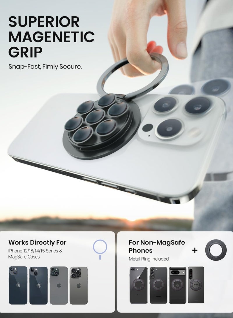 General Magnetic Suction Cup Phone Mount Compatible with MagSafe, Phone Suction Grip with Adjustable Ring Stand for iPhone 15/14/13/12 Series, Hands-Free Phone Grip Holder for TikTok Videos and Selfies, Black  - Image 3