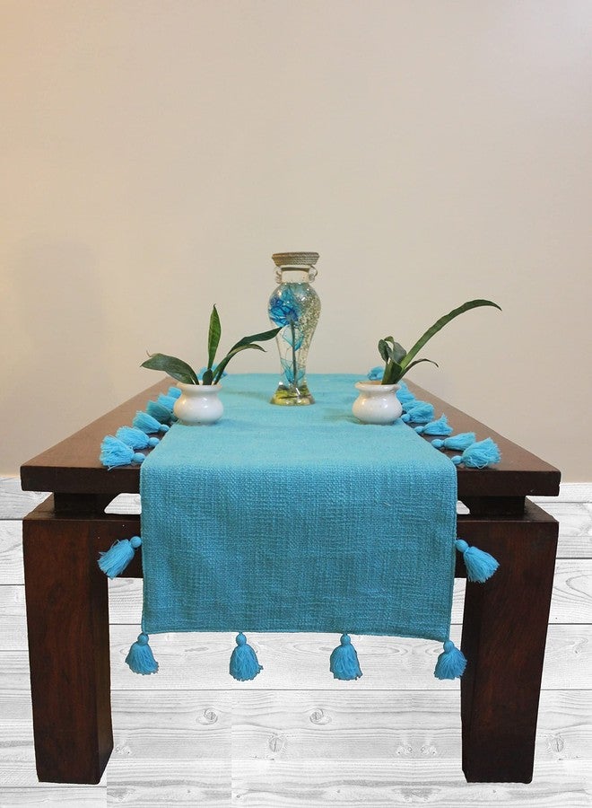 Dekor World 1 Piece Cotton Merit Tassel Collection Table Runner (Tropicana Blue, 33x240 cm or 13x94 Inches or 8 Seater Table)-for Dining & Center Table - Image 1