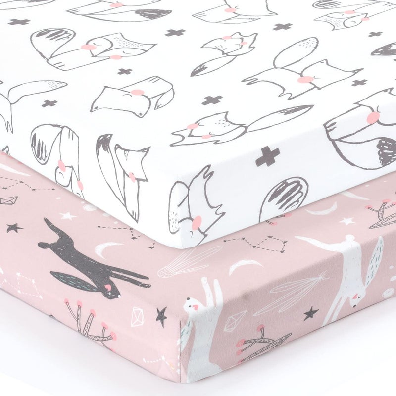 GRSSDER Stretchy Ultra Soft Jersey Knit Pack n Play Sheets Set 2 Pack, Portable/Mini Cribs Playard Sheets, Cute Foxes and Rabbits for Baby Girls and Boys - Image 2