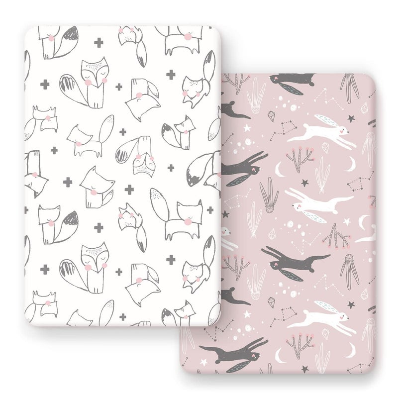 GRSSDER Stretchy Ultra Soft Jersey Knit Pack n Play Sheets Set 2 Pack, Portable/Mini Cribs Playard Sheets, Cute Foxes and Rabbits for Baby Girls and Boys - Image 1