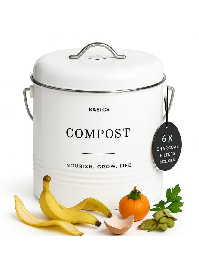 D'Lifeful Farmhouse Compost Bin for Kitchen Indoor – 1.3 Gallon Carbon Steel Countertop Compost Bin – Sealed with Airtight Lid - Compost Pail or Compost Bucket with 6 Charcoal Filters – Stylish, White - Image 1