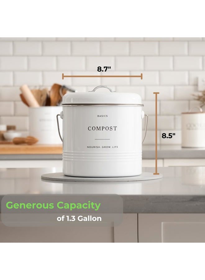 D'Lifeful Farmhouse Compost Bin for Kitchen Indoor – 1.3 Gallon Carbon Steel Countertop Compost Bin – Sealed with Airtight Lid - Compost Pail or Compost Bucket with 6 Charcoal Filters – Stylish, White - Image 2
