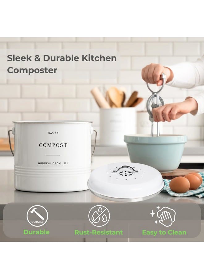 D'Lifeful Farmhouse Compost Bin for Kitchen Indoor – 1.3 Gallon Carbon Steel Countertop Compost Bin – Sealed with Airtight Lid - Compost Pail or Compost Bucket with 6 Charcoal Filters – Stylish, White - Image 5