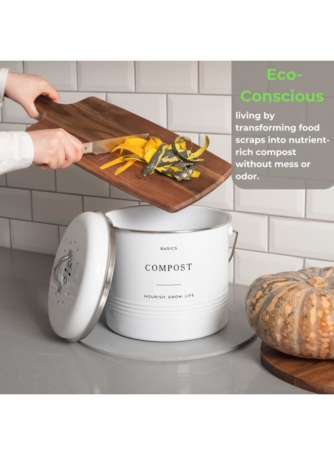 D'Lifeful Farmhouse Compost Bin for Kitchen Indoor – 1.3 Gallon Carbon Steel Countertop Compost Bin – Sealed with Airtight Lid - Compost Pail or Compost Bucket with 6 Charcoal Filters – Stylish, White - Image 3