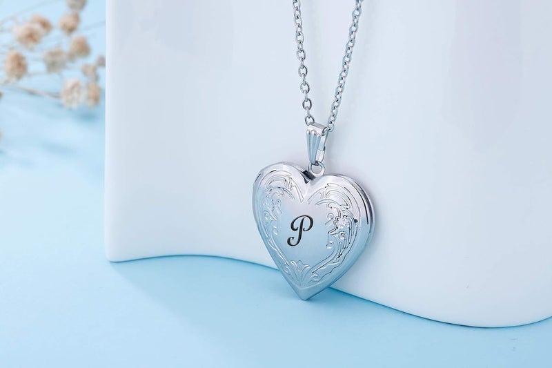 YOUFENG Locket Necklace that Holds Pictures Initial Alphabet A-Z Letter Pendant Necklace Platinum Plated Gifts for Women - Image 2