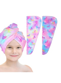 2-Pack Microfiber Hair Towel Wraps for Kids, Rapid-Drying Turbans with Button, Unicorn Design for Women & Girls.