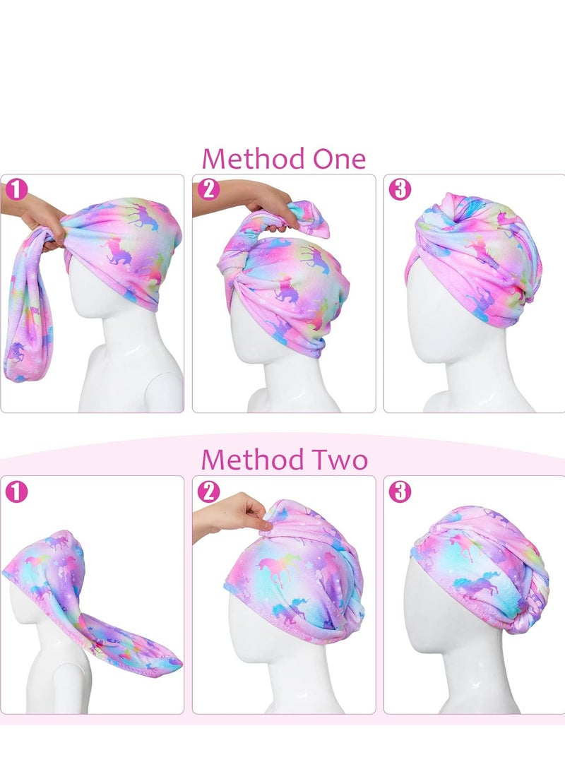 Oasisgalore - 2-Pack Microfiber Hair Towel Wraps for Kids, Rapid-Drying Turbans with Button, Unicorn Design for Women & Girls. - Image 1